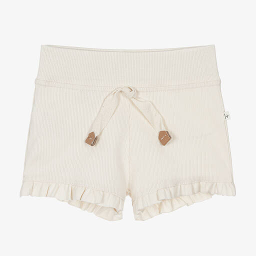 1 + in the family-Girls Ivory Cotton Ribbed Frill Shorts | Childrensalon