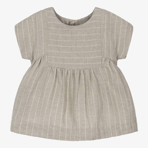 1 + in the family-Girls Taupe Beige Cotton Stripe Dress | Childrensalon