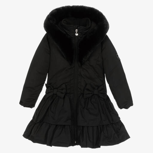 A Dee-Girls Black Padded Ruffle Hooded Coat | Childrensalon