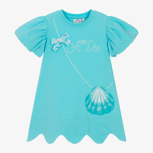 A Dee-Girls Blue Cotton Seashell Print Dress | Childrensalon