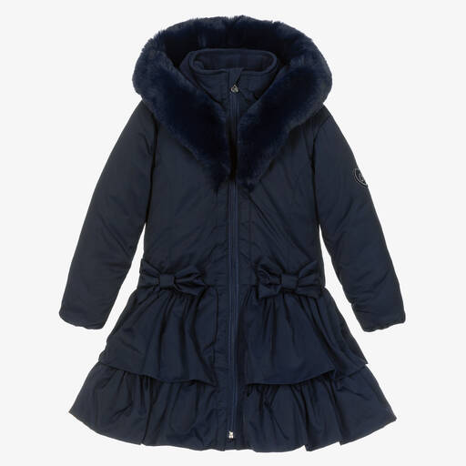 A Dee-Синее утепленное пальто с капюшоном и рюшами | Childrensalon