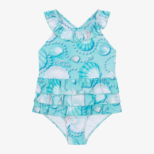 A Dee-Girls Blue Seashell & Pearl Swimsuit | Childrensalon