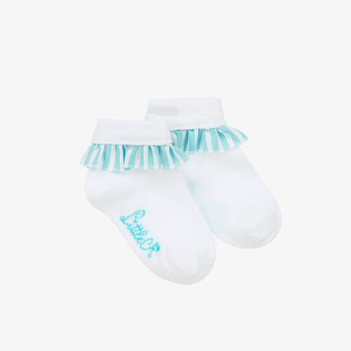 A Dee-Girls White & Blue Cotton Socks | Childrensalon