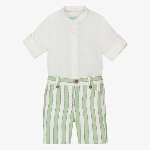 Abel & Lula-Boys Green Striped Linen Shorts Set | Childrensalon