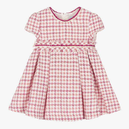 Abel & Lula-Girls Pink Houndstooth Tweed Dress | Childrensalon