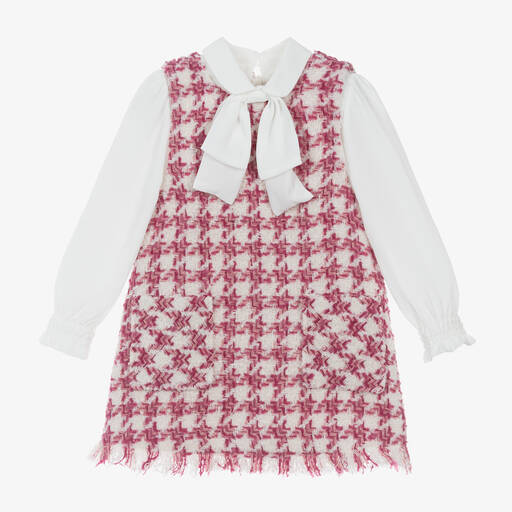 Abel & Lula-Girls Pink Houndstooth Tweed Dress | Childrensalon