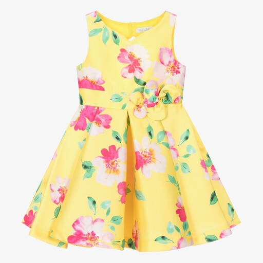 Abel & Lula-Girls Yellow Satin Floral Dress | Childrensalon
