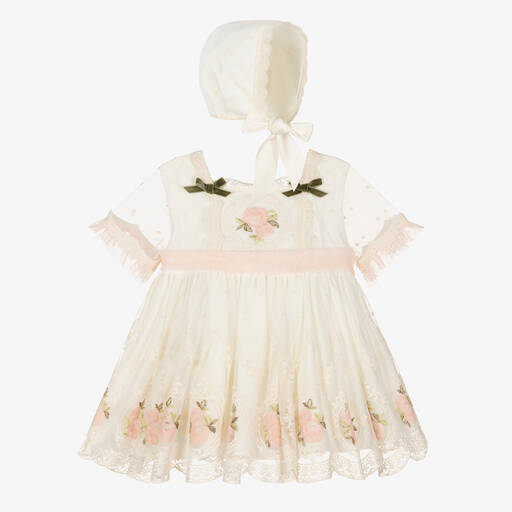 Abuela Tata-Кремовый комплект с платьем из тюля с вышивкой для малышек | Childrensalon