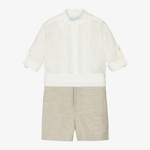 Abuela Tata-Кремовая рубашка и бежевые шорты из хлопка и льна для мальчиков  | Childrensalon