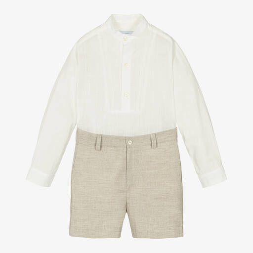 Abuela Tata-Boys Beige & Ivory Cotton & Linen Shorts Set | Childrensalon