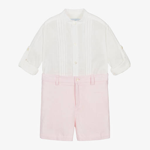 Abuela Tata-Boys Ivory & Pink Cotton & Linen Shorts Set | Childrensalon