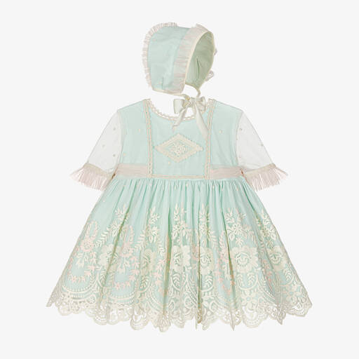 Abuela Tata-Girls Green Floral Embroidered Dress Set | Childrensalon