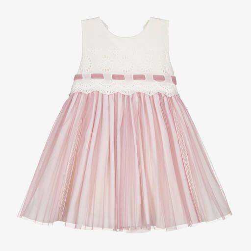 Abuela Tata-Girls Ivory Cotton & Pink Tullle Dress | Childrensalon
