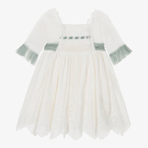 Abuela Tata-Girls Ivory Embroidered Cotton Dress | Childrensalon