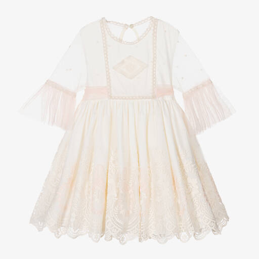 Abuela Tata-Girls Ivory & Pink Embroidered Tulle Dress | Childrensalon