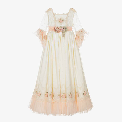 Abuela Tata-Girls Ivory & Pink Floral Tulle Dress | Childrensalon