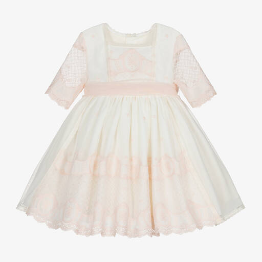 Abuela Tata-Girls Ivory & Pink Tulle & Lace Dress | Childrensalon