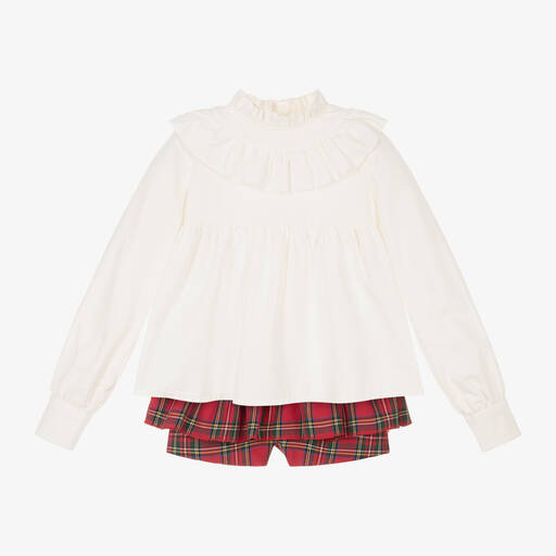 Abuela Tata-Girls Red Tartan Cotton Shorts Set | Childrensalon