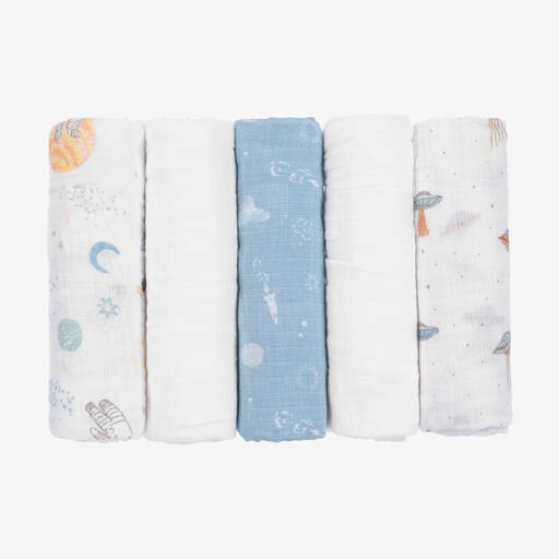 aden + anais- 5 لفافات قطن موسلين لون أبيض وأزرق للمواليد  | Childrensalon