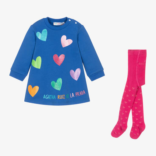 Agatha Ruiz de la Prada-Girls Blue Cotton Heart Dress Set | Childrensalon