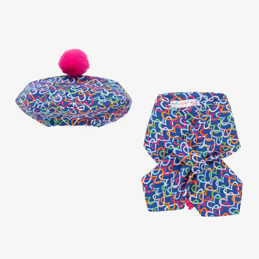 Agatha Ruiz de la Prada-Girls Blue Cotton Heart Hat & Scarf Set | Childrensalon