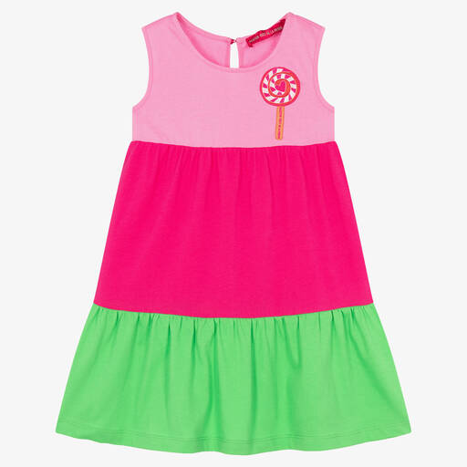 Agatha Ruiz de la Prada-Girls Pink & Green Tiered Cotton Dress | Childrensalon