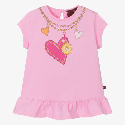 AIGNER-Розовая хлопковая футболка с сердечками на цепочке | Childrensalon