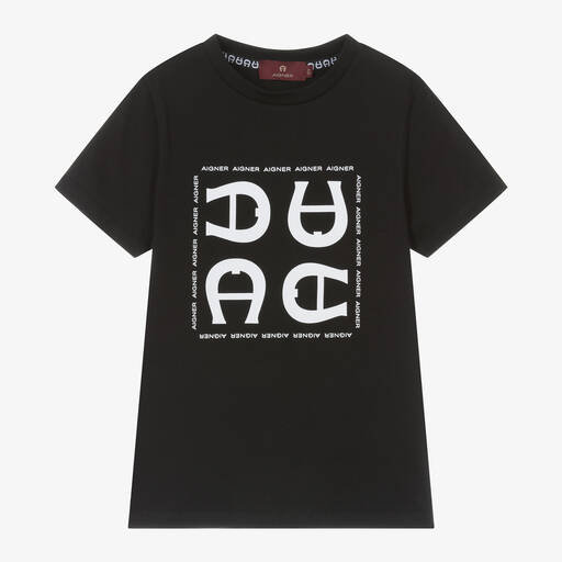 AIGNER-Boys Black Cotton T-Shirt | Childrensalon