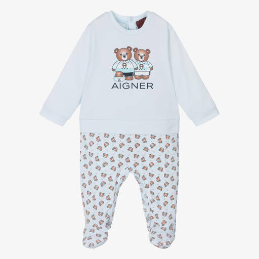 AIGNER-Boys Blue Pima Cotton Bear Babygrow | Childrensalon