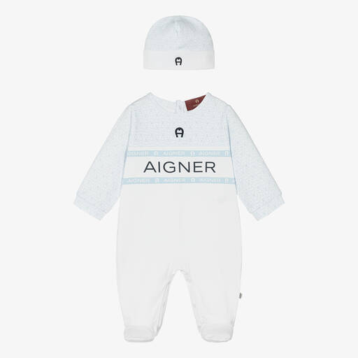 AIGNER-Бело-голубой комбинезон и шапочка из хлопка пима для мальчиков | Childrensalon