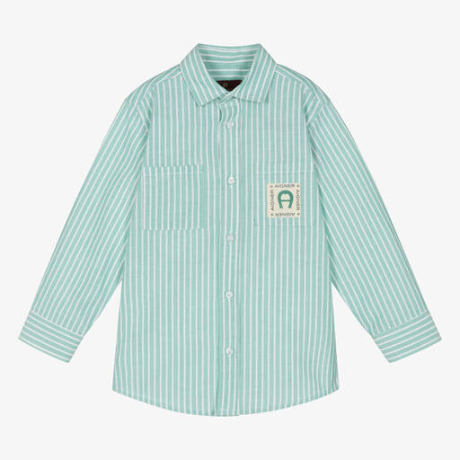 AIGNER-Boys Green & White Striped Cotton Shirt | Childrensalon