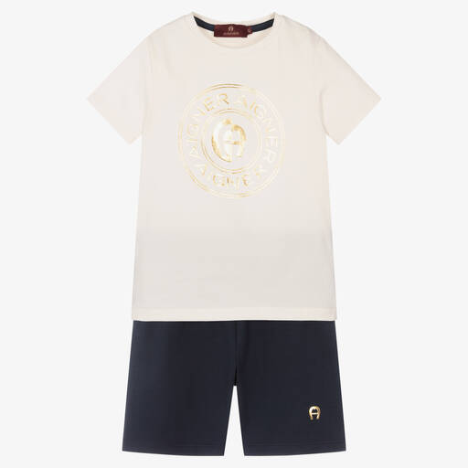 AIGNER-Boys Ivory & Navy Blue Short Pyjamas | Childrensalon