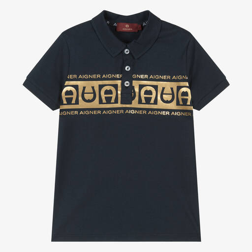 AIGNER-Boys Navy Blue & Gold Cotton Polo Shirt | Childrensalon