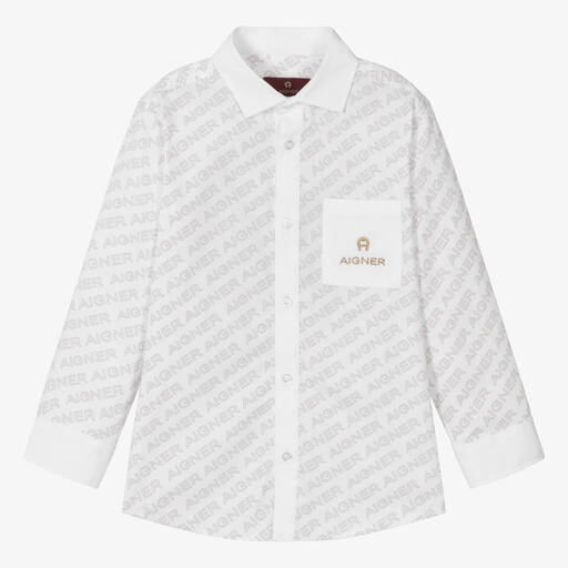 AIGNER-قميص قطن بوبلين لون أبيض وبيج للأولاد | Childrensalon