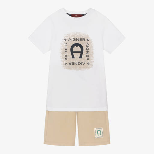 AIGNER-Boys White & Beige Cotton Shorts Set | Childrensalon