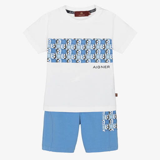 AIGNER-Boys White & Blue Cotton Shorts Set | Childrensalon