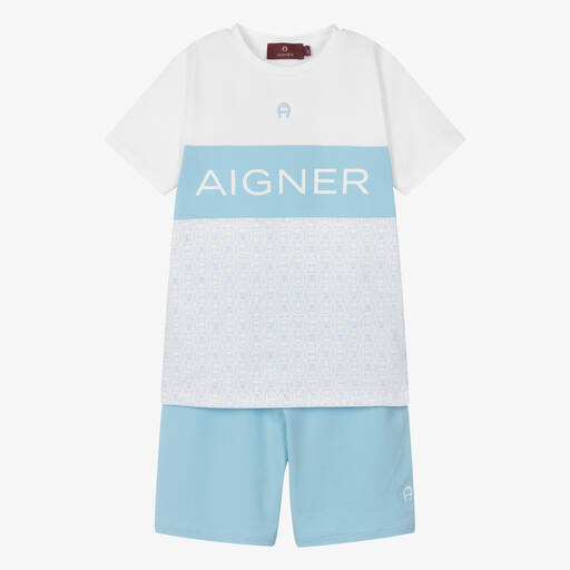 AIGNER-Белая рубашка и голубые шорты из хлопка | Childrensalon