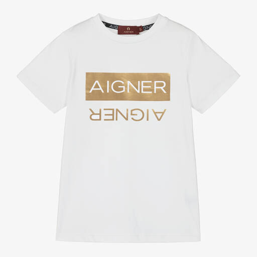 AIGNER-Boys White Cotton T-Shirt | Childrensalon