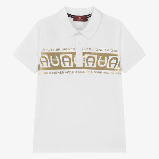 AIGNER-Boys White & Gold Cotton Polo Shirt | Childrensalon