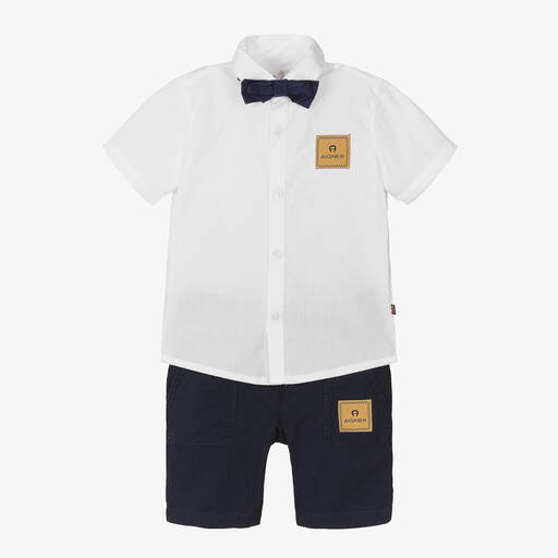 AIGNER-Boys White & Navy Blue Cotton Shorts Set | Childrensalon