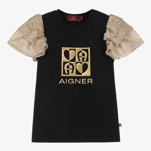 AIGNER-Girls Black & Gold Cotton Top | Childrensalon