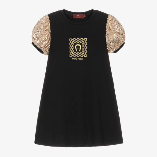 AIGNER-Черное платье с золотистыми пайетками | Childrensalon