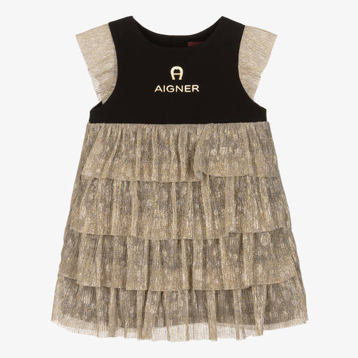 AIGNER-Girls Black & Gold Tiered Plissé Dress | Childrensalon