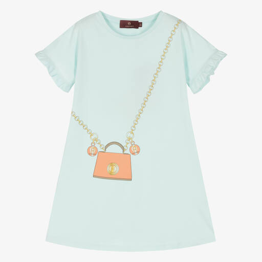 AIGNER-Girls Blue Cotton Bag Print Dress | Childrensalon