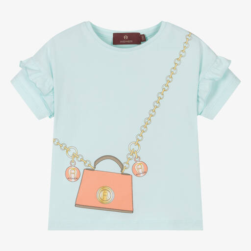 AIGNER-Голубая хлопковая футболка с принтом-сумкой для девочек | Childrensalon