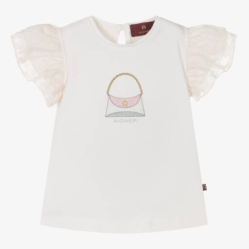 AIGNER-Girls Ivory Cotton Frilled T-shirt | Childrensalon