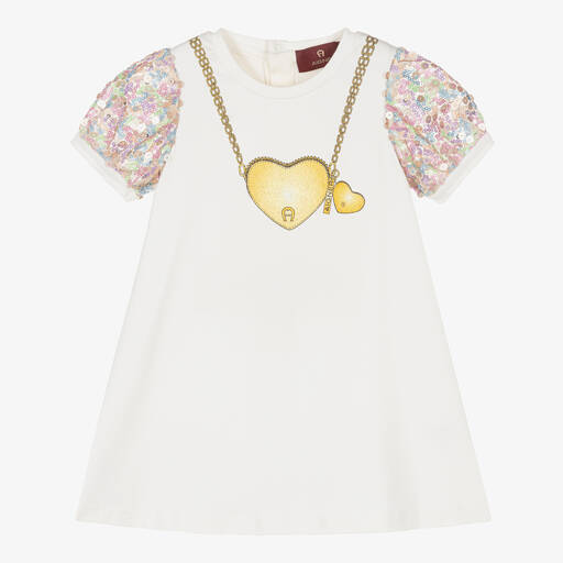 AIGNER-Кремовое хлопковое платье с пайетками на рукавах для девочек | Childrensalon