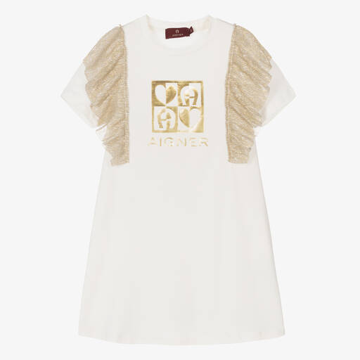 AIGNER-Кремовое хлопковое платье с золотистыми деталями для девочек | Childrensalon
