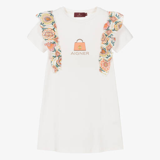 AIGNER-فستان قطن جيرسي لون عاجي مزين بكشكش | Childrensalon