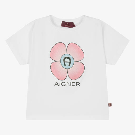AIGNER-Girls White Cotton Flower T-Shirt | Childrensalon